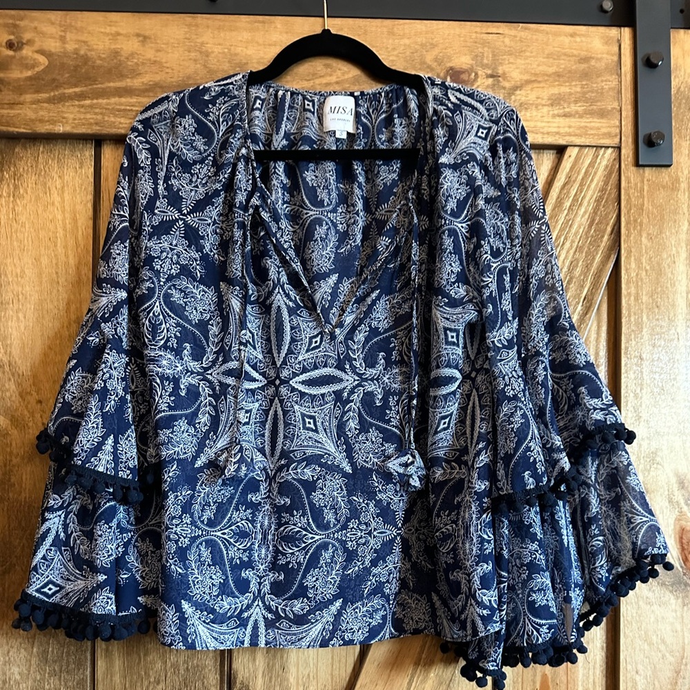 Misa Los Angeles Blouse Tiered Pom Pom Bell Sleeves. NWOT Size S. 20" Pit to Pit